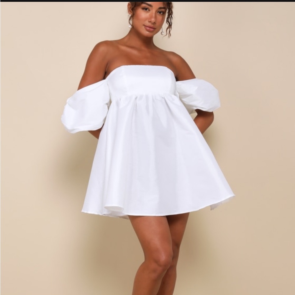 NWT Lulu’s Taffeta Off-the-Shoulder Babydoll Mini Dress WHITE